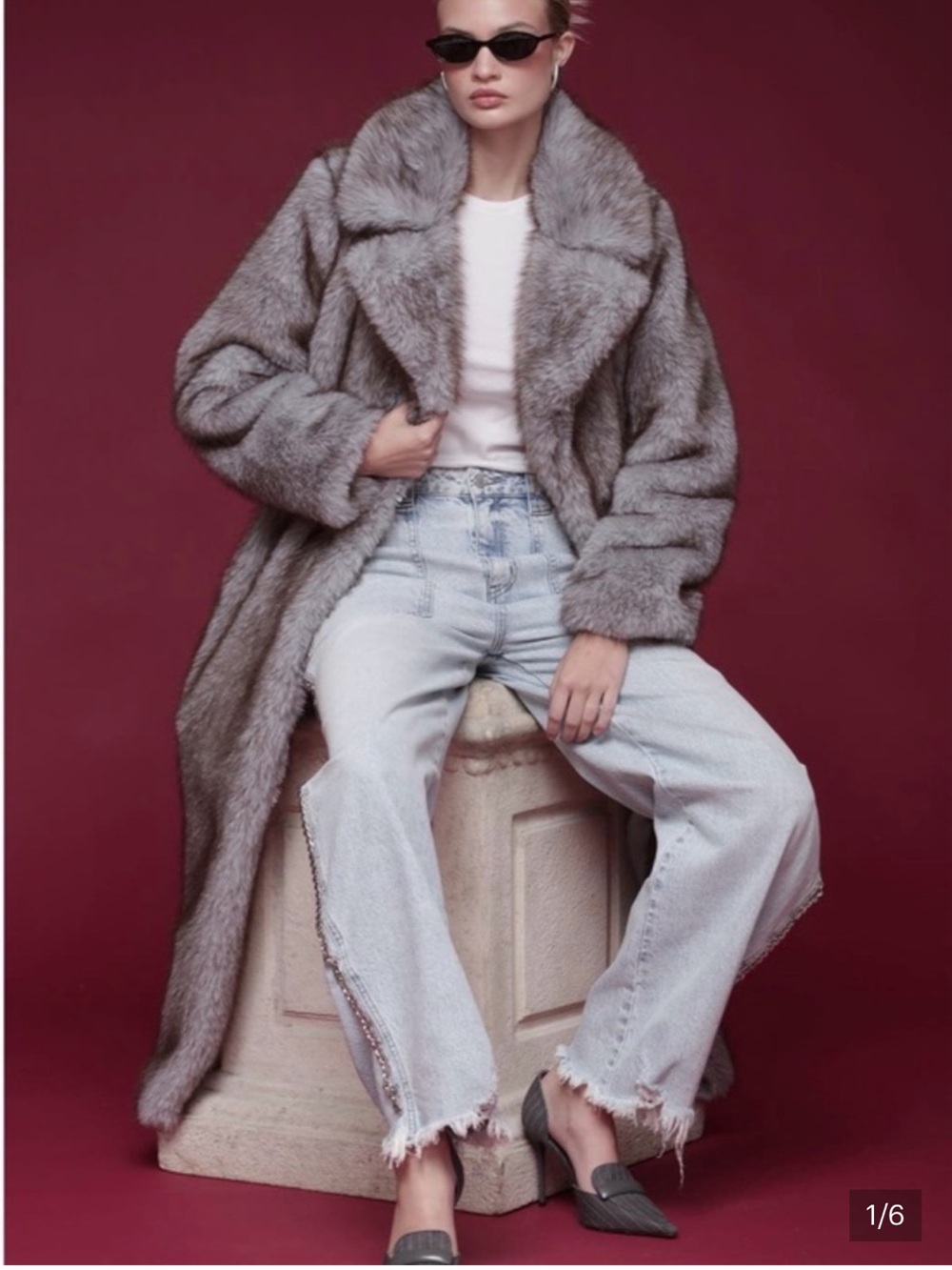 Avec Les Filles Grey Faux Fur Long Coat
